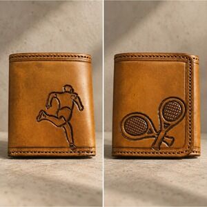 Vintage Tooled Leather Tennis Trifold Wallet Tan Handmade Preppy Sporty Western